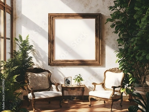 Fototapeta Cozy farmhouse style living room with a weathered wooden frame natural sunlight streaming in and lush greenery creating a tranquil sun dappled ambiance