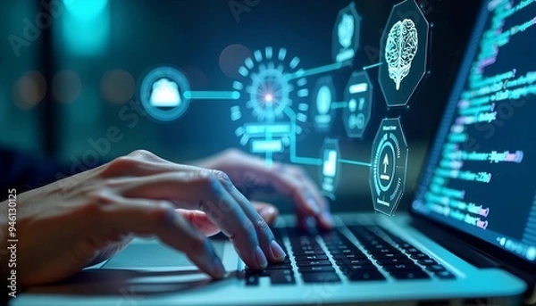 Fototapeta AI Technology in Data Analysis - Businessman Using Machine Learning and Digital Brain for Business Intelligence