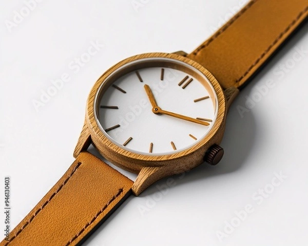 Fototapeta Classic woodgrain watch light oak-textured dial deep brown leather strap modern minimalist design placed on a pristine white backdrop for organic lifestyle presentations