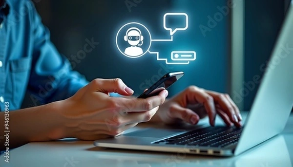 Fototapeta Digital Chatbot and AI Assistant - Woman Using Smartphone for Customer Service with Internet Bot Application