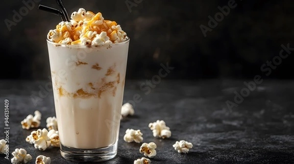 Fototapeta A fashionable milkshake with caramel and popcorn in a glass on a dark background, close-up,