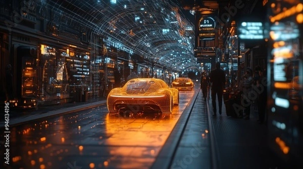 Fototapeta A holographic display reveals self-driving cars gliding through a futuristic city, illuminated by vibrant neon lights and advanced technology.