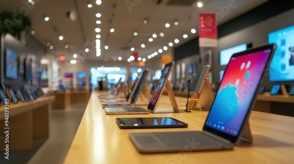 Fototapeta A selection of laptops and tablets on display in a store.