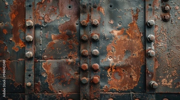 Fototapeta Flat lay of an old iron surface with visible rivets and deep rust spots, ideal for a vintage, industrial background