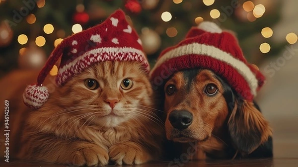 Fototapeta Festive pets together, a cat and a dog wearing Christmas hats, celebrating the holiday season with warmth and joy.