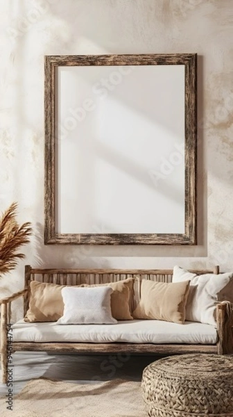 Fototapeta Distressed Wooden Mockup Frame in Earthy Farmhouse Living Room with Impressionistic Brushwork Natural Textures and Eclectic Decor