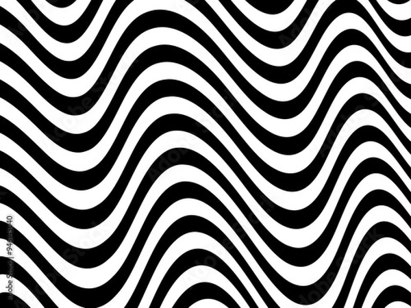 Obraz Trippy strip pattern. Horizontal background with black and white curved waves. Abstract optical illusion liquid shape. Ripple texture. Modern aesthetics of Swiss design wallpaper. Bauhaus vector art. 