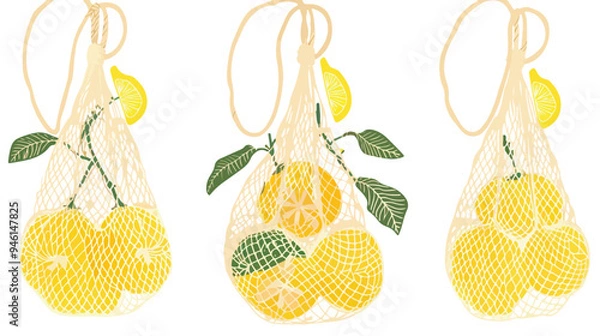Obraz Stylish Macrame Bag with Fresh Lemons on Natural Cotton Net Bag