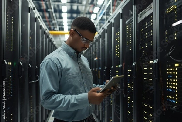 Fototapeta Young male technician in data center room inspecting server rack. Focused on his face while working with tablet for technical support. Computer pro in IT industry examining equipment.