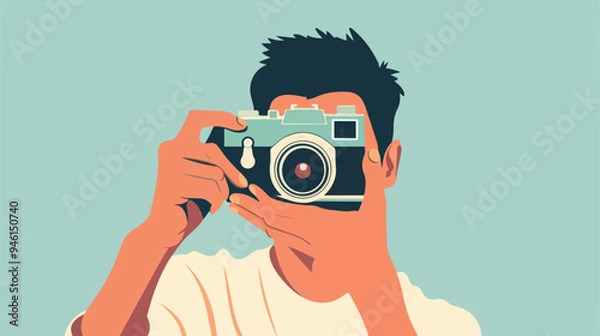 Obraz Vintage Camera Photography: Man Capturing Image in Flat Vector Style