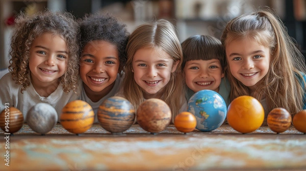 Fototapeta A diverse group of schoolchildren excitedly gathered around a solar system model, learning about space during World Space Week, with copy space on a clean background