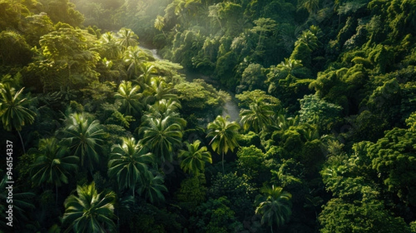 Fototapeta Aerial shot of a tropical forest canopy, with lush green foliage, interspersed with patches of sunlight, and the occasional glimpse of a river winding through the dense vegetation