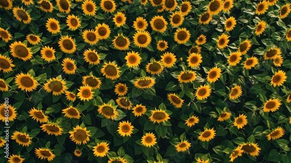 Fototapeta Aerial shot of a sunflower field in full bloom, with bright yellow flowers stretching across the farmland, contrasting with the deep green foliage