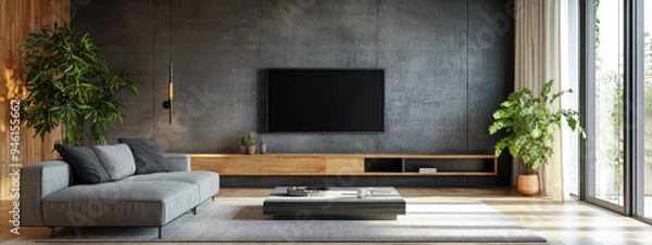 Fototapeta Generative ai illustration of a sofa and tv unit in loft_ nterior design