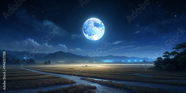 Obraz Full Moon Illuminating a Tranquil Night Landscape with Rolling Fields and Clouds 달빛이 비추는 평화로운 밤 풍경과 구름이 있는 언덕 풍경 추석