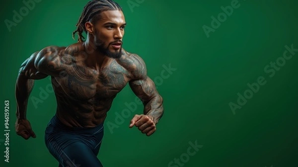 Obraz A professional athlete in sportswear, performing a dynamic pose, showcasing strength and athleticism against a green screen.