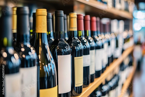 Obraz Wine bottles background. Bottles of red and white wine in a wine cabinet of a liquor store

