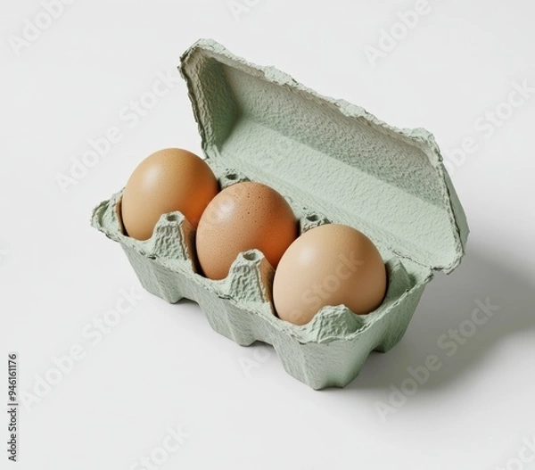Fototapeta A tray of three eggs, showing the egg carton design patented by George E. Joseph in 1931.