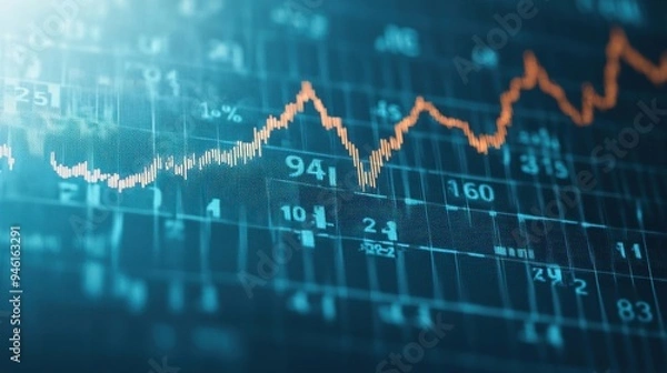Fototapeta A detailed financial line graph showing market trends, with various data points and a rising arrow symbolizing growth