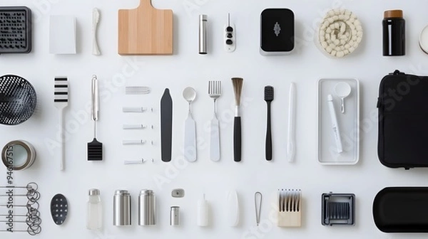Fototapeta Carefully Arranged Diverse Range of Household Items on a Clean White Backdrop with High Key Lighting Creating a Visually Appealing and Minimalist Composition