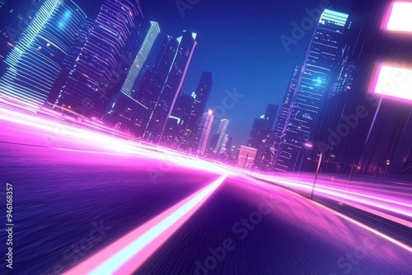 Fototapeta The speed light trails move through smart modern mega cities and skyscrapers towns. The background is neon futuristic technology with motion effects, high speed light, and stock.