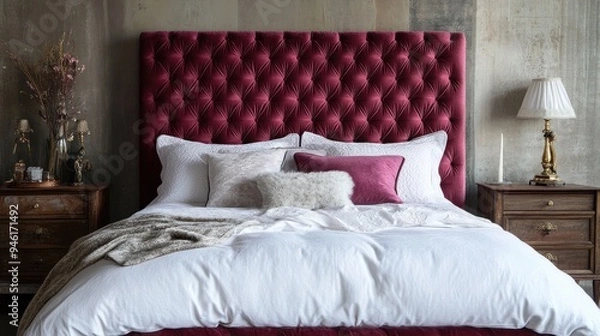 Fototapeta Luxurious Bedroom Interior with Burgundy Headboard