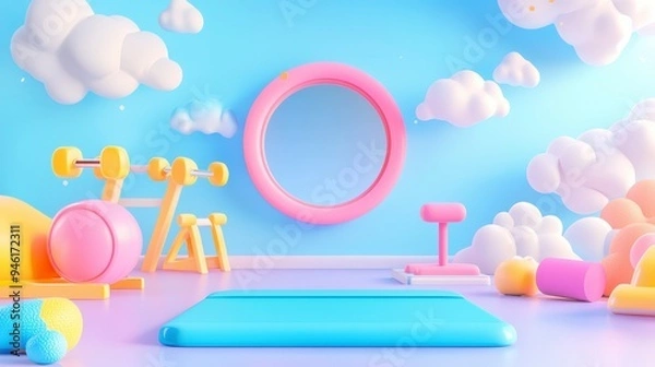 Fototapeta A colorful, playful gym space with exercise equipment and a mirror.