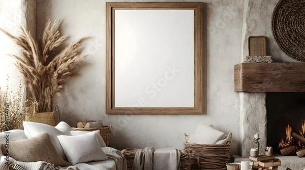 Fototapeta Mockup 3D Rendered Farmhouse Living Room Interior with Natural Wooden Frame Woven Textiles Cozy Fireplace and Rustic Decor Accents in Vintage Inspired Style