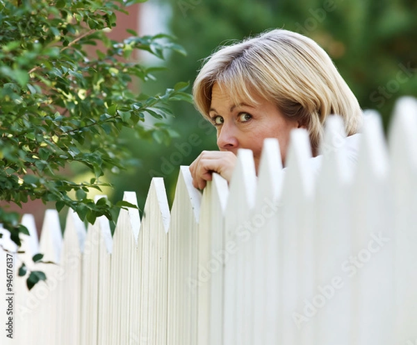 Fototapeta Through the Fence. The Inquisitive Look of a Nosy Woman.