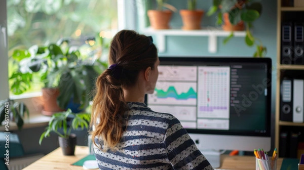 Obraz A social media manager working from a cozy home office, with a monitor displaying detailed social media analytics and a calendar of scheduled posts