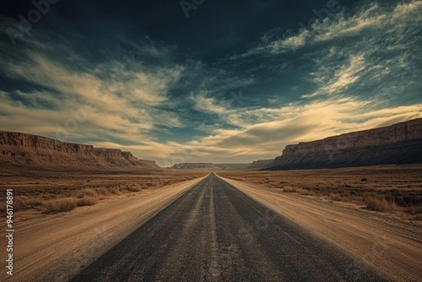 Fototapeta A dirt road in the desert with mountains in the background