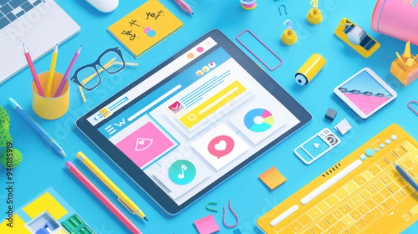 Obraz A creative workspace with a tablet displaying a social media post editor, surrounded by design tools and inspirational materials, representing content creation and management