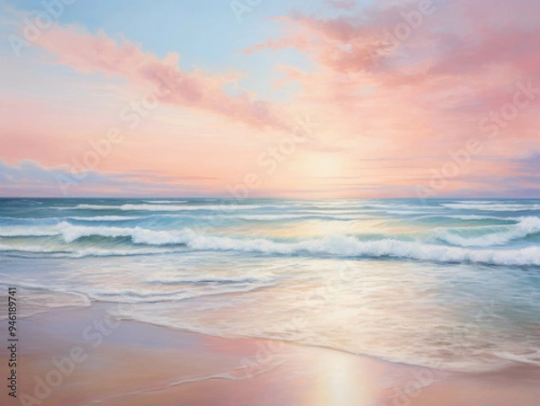 Fototapeta Pink Sunset Over Ocean Waves: Serene, dreamy landscape painting of a pastel sunset over a tranquil ocean with gentle waves breaking on a sandy beach. The sky is a soft, rosy hue, reflecting in the wat