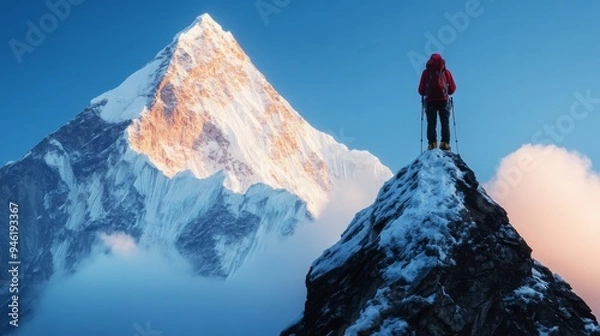 Fototapeta Mountaineer standing on mountain peak observing inspiring view at sunset