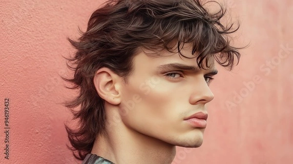 Fototapeta A close-up of a man with a mullet hairstyle, showcasing a bold and retro-inspired look