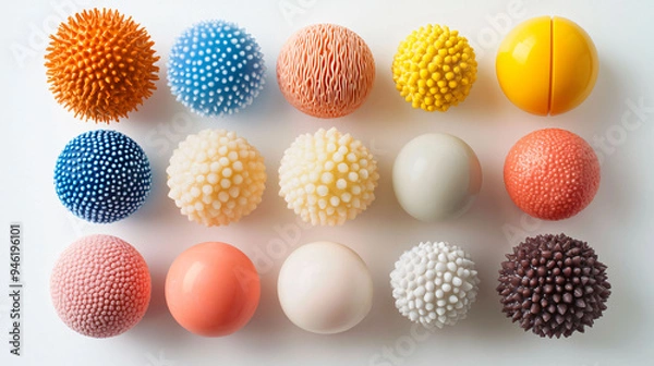 Fototapeta Colorful textured balls in various shapes and sizes create playful and vibrant display. arrangement showcases variety of materials and designs, evoking sense of fun and creativity.