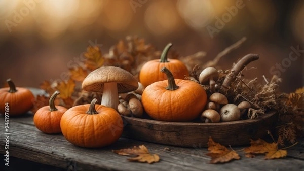 Fototapeta Mushrooms and pumpkins on rustic table with autumn decor.