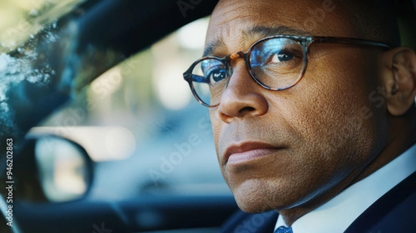Fototapeta Reflective Professional Man in Vehicle. An image of a middle-aged Black man with a pensive look, wearing round glasses and business attire, seated in a car, gazing out the window.
