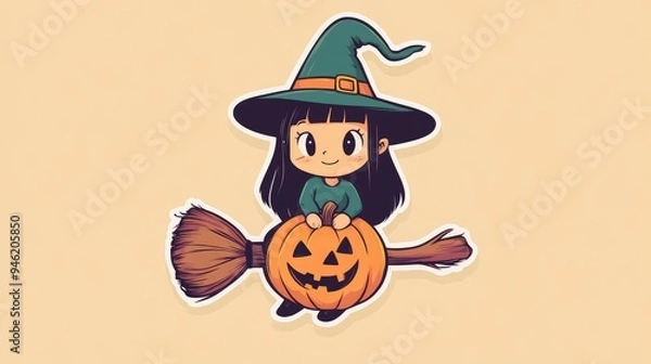 Obraz Festive sticker with a monster girl wearing a witch hat, sitting on a broomstick with a pumpkin.