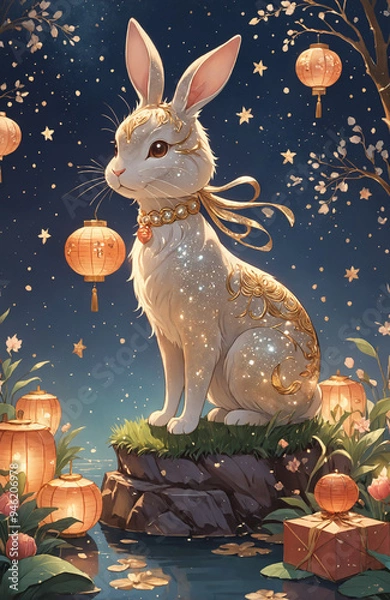 Fototapeta mid-autumn festival illustration card and poster design vertical bunny with moon