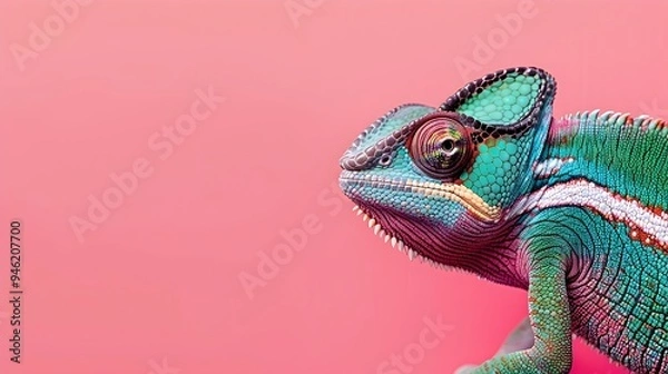 Obraz Side view of Chameleon on Pink color background Close-up with text and copy space