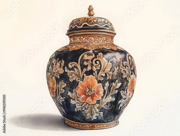 Fototapeta Elegant ceramic vase with intricate floral patterns and a decorative lid, showcasing classic craftsmanship and artistry.