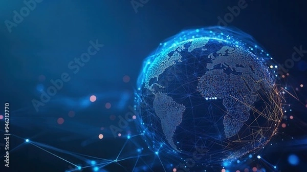 Fototapeta Futuristic Digital Earth with Polygonal Wireframe and Hologram on Blue Background - Global Network Concept. AI generated illustration