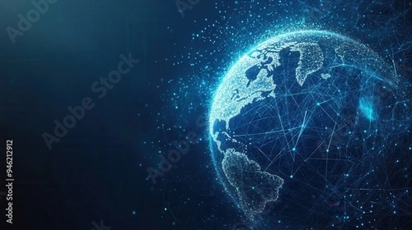 Fototapeta Futuristic Digital Earth with Polygonal Wireframe and Hologram on Blue Background - Global Network Concept. AI generated illustration