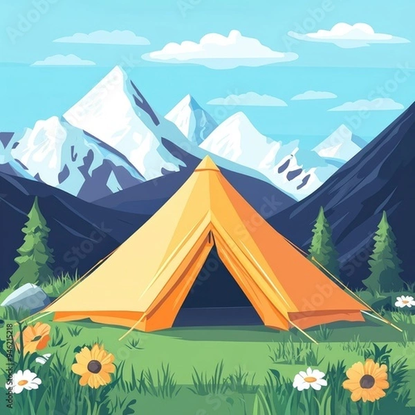 Fototapeta A yellow tent set up in a grassy valley with snow-capped mountains in the background