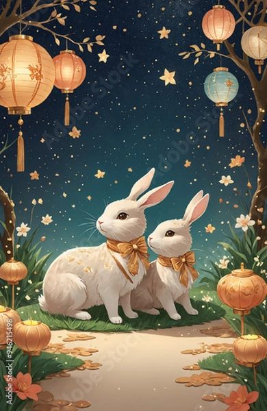 Fototapeta mid-autumn festival illustration card and poster design vertical bunny with moon