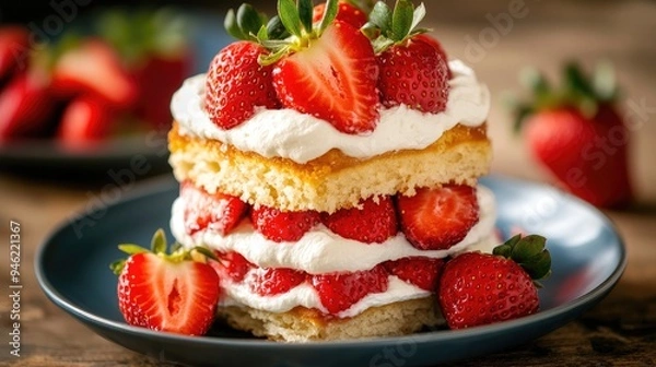 Obraz A mouthwatering strawberry shortcake with layers of fresh cream and ripe strawberries, ideal for summer dessert imagery