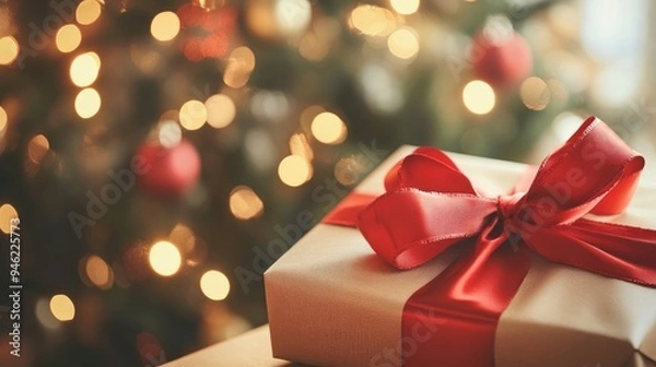 Fototapeta A single gift box with a bright red ribbon, with a blurred Christmas tree in the background, highlighting holiday cheer