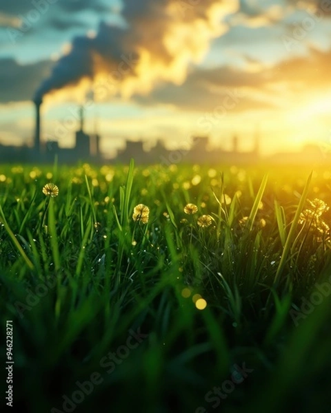 Fototapeta Lush green grass with dewdrops in the foreground contrasting with industrial smokestacks and pollution under a sunset sky.
