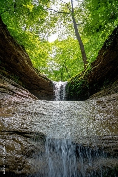Fototapeta A small waterfall in a deep ravine in a forest